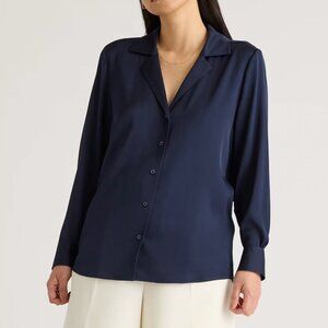 Quince Washable Stretch Silk Notch Collar Blouse Navy Size XS
